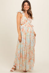 Mint Green Floral Ruffle Accent Cutout Maternity Gown