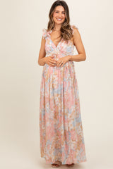 Light Pink Floral Ruffle Accent Cutout Maternity Gown