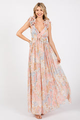 Light Pink Floral Ruffle Accent Cutout Gown