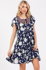 Navy Floral Ruffle Lace Dress