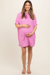 Pink Collared Button Down Maternity Shirt Dress