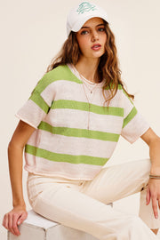 Green Lightweight Stripe Sweater Short Sleeve Top