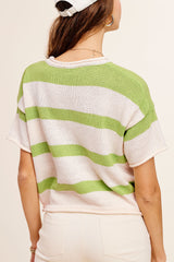 Green Lightweight Stripe Sweater Short Sleeve Top