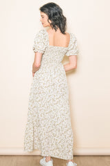 Cream Floral Smocked Square Neck Tiered Puff Short Sleeve Maxi Dress