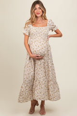 Cream Floral Smocked Square Neck Tiered Puff Short Sleeve Maternity Maxi Dress