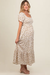 Cream Floral Smocked Square Neck Tiered Puff Short Sleeve Maternity Maxi Dress