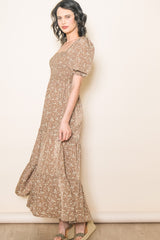 Mocha Floral Short Sleeve Maxi Dress