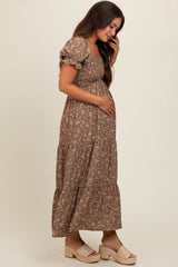 Mocha Floral Short Sleeve Maternity Maxi Dress