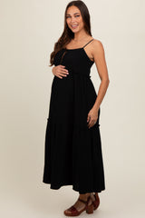 Black Soft Washed Cotton Gauze Maternity Maxi Dress