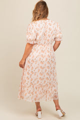 Cream Floral Puff Sleeve Plus Maternity Maxi Dress