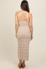 Beige Crochet Knit Back Cutout Maternity Maxi Dress