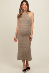 Taupe Crochet Knit Back Cutout Maternity Maxi Dress