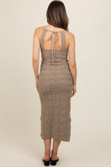 Taupe Crochet Knit Back Cutout Maternity Maxi Dress