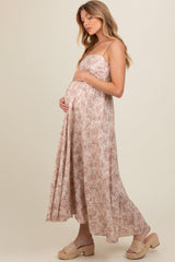 Mauve Floral Ruffle Hem Maternity Maxi Dress