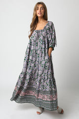 Olive Floral Paisley Cinched Neckline Maxi Dress