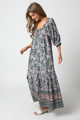 Olive Floral Paisley Cinched Neckline Maxi Dress