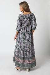 Olive Floral Paisley Cinched Neckline Maxi Dress