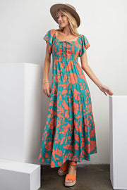 Atlantis Green Short Sleeve Printed Woven Maxi Dress