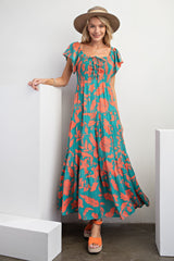 Atlantis Green Short Sleeve Printed Woven Maxi Dress