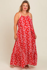 Red Floral Self Tie Sleeveless Maternity Dress