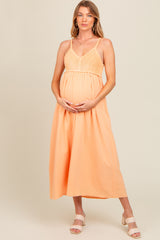 Peach V-Neck Crochet Top Maternity Midi Dress