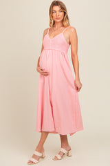 Pink V-Neck Crochet Top Maternity Midi Dress