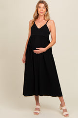 Black V-Neck Crochet Top Maternity Midi Dress