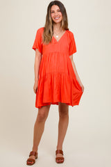 Orange V-Neck Tiered Short Sleeve Maternity Dress