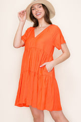 Orange V-Neck Tiered Short Sleeve Dress