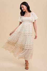 Cream Floral Smocked Square Neck Flutter Sleeve Midi Dress