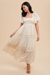 Cream Floral Smocked Square Neck Flutter Sleeve Maternity Midi Dress