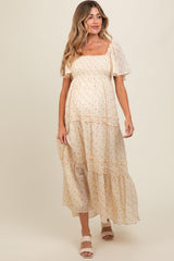 Cream Floral Smocked Square Neck Flutter Sleeve Maternity Midi Dress