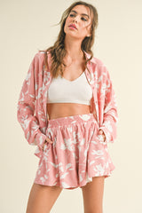 Mauve Floral Button Up Long Sleeve Short Set