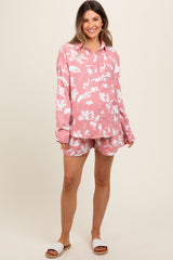 Mauve Floral Button Up Long Sleeve Maternity Short Set