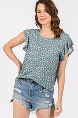 Olive Floral Ruffle Sleeve Top