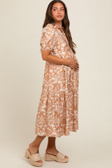 Camel Damask Print Button Down Maternity Midi Dress