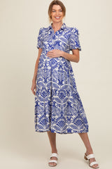 Royal Blue Damask Print Button Down Maternity Midi Dress