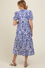 Royal Blue Damask Print Button Down Maternity Midi Dress