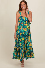 Yellow Floral Tiered Sash Tie Midi Dress