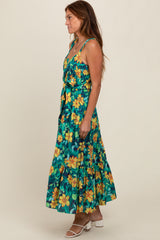 Yellow Floral Tiered Sash Tie Midi Dress