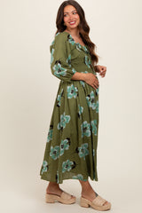 Olive Floral Smocked Maternity Midi Dress