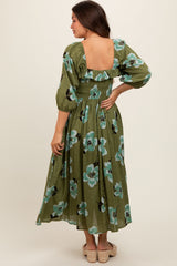 Olive Floral Smocked Maternity Midi Dress