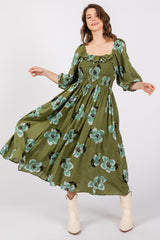 Olive Floral Smocked Maternity Midi Dress