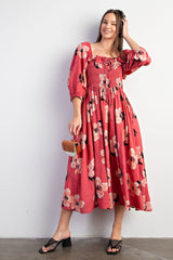 Red Floral Smocked Maternity Midi Dress