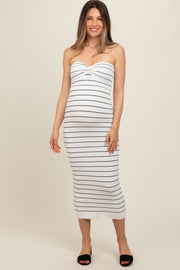 White Striped Strapless Maternity Fitted Maxi Dress