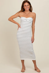 White Striped Strapless Maternity Fitted Maxi Dress