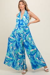 Blue Printed Halter Neck Wide Leg Maternity Jumpsuit