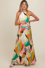 Multicolor Abstract Print Halter Maternity Maxi Dress