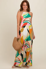 Multicolor Abstract Print Halter Maternity Maxi Dress