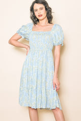 Light Blue Floral Puff Sleeve Smocked Chest Dress